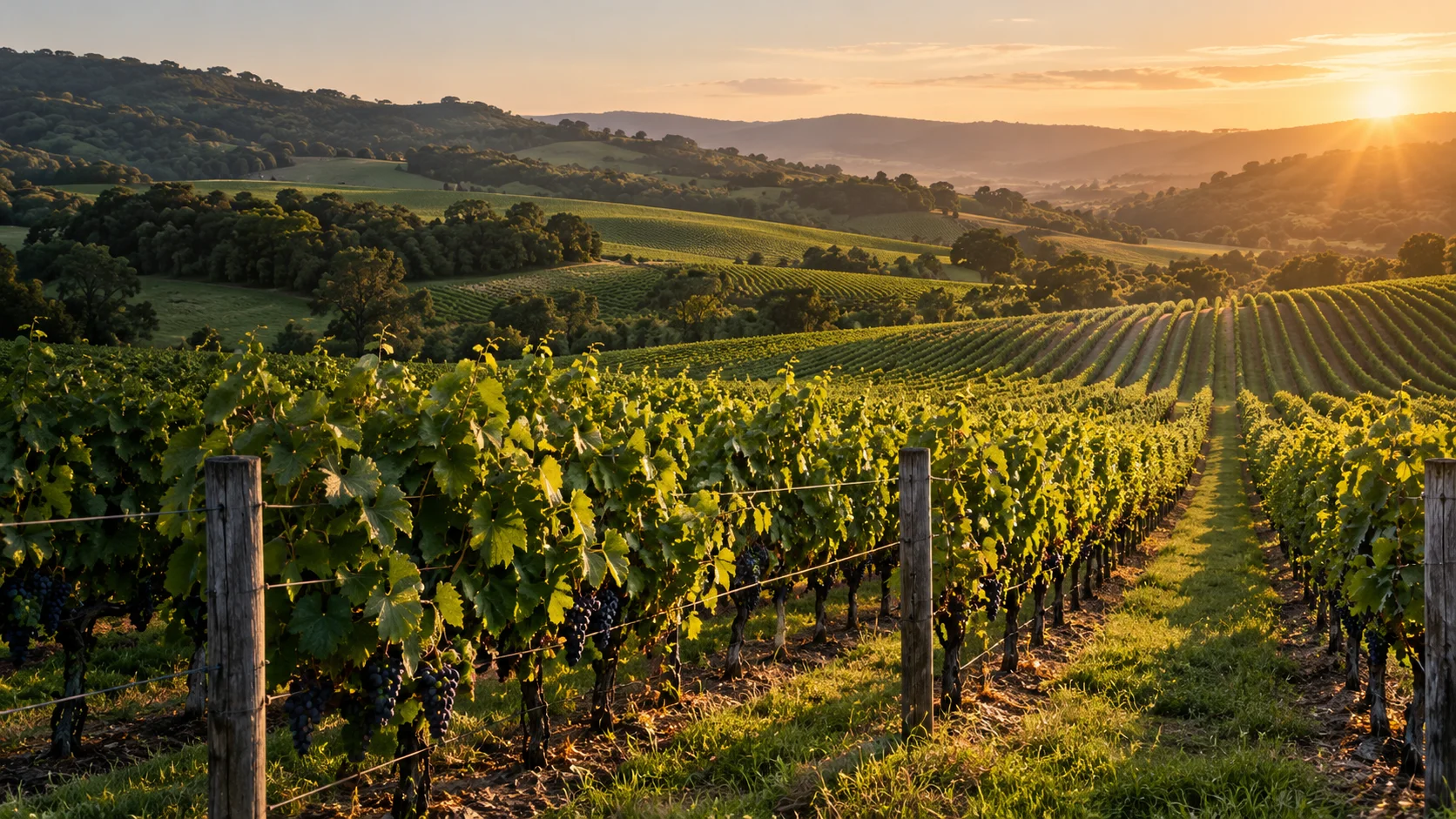 AI-generated illustration of vineyard rows in warm golden-hour light